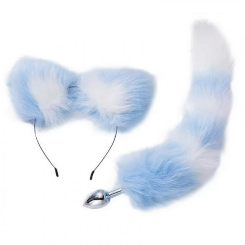 KIT PLUG ANAL TALLA S COLA ZORRO Y OREJAS BLANCO AZUL