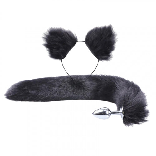 KIT PLUG ANAL TALLA S COLA ZORRO Y OREJAS NEGRO